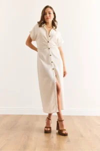 Olalook Women's Stone Waist Gathered Bat Linen Content Shirt Dress - Image 2