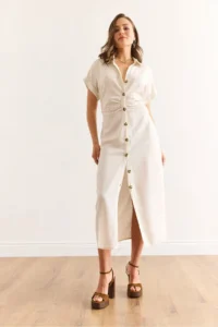 Olalook Women's Stone Waist Gathered Bat Linen Content Shirt Dress - Image 4