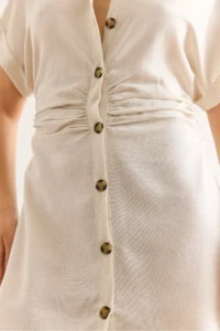 Olalook Women's Stone Waist Gathered Bat Linen Content Shirt Dress - Image 5