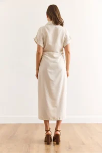 Olalook Women's Stone Waist Gathered Bat Linen Content Shirt Dress - Image 6