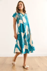 Olalook Women's Geometric Blue V-Neck Patterned Woven Viscose Midi A-Line Dress - Image 2