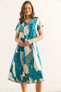 Olalook Women's Geometric Blue V-Neck Patterned Woven Viscose Midi A-Line Dress - Image 3