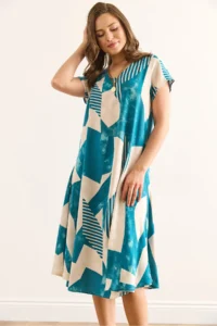 Olalook Women's Geometric Blue V-Neck Patterned Woven Viscose Midi A-Line Dress - Image 4