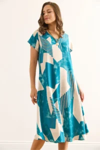 Olalook Women's Geometric Blue V-Neck Patterned Woven Viscose Midi A-Line Dress - Image 5