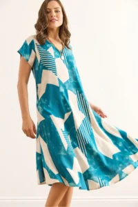 Olalook Women's Geometric Blue V-Neck Patterned Woven Viscose Midi A-Line Dress - Image 6