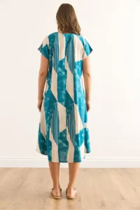 Olalook Women's Geometric Blue V-Neck Patterned Woven Viscose Midi A-Line Dress - Image 7