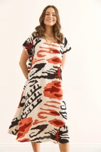 Olalook Women's Patterned Ecru V-Neck Patterned Woven Viscose Midi A-Line Dress - Image 2