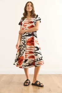 Olalook Women's Patterned Ecru V-Neck Patterned Woven Viscose Midi A-Line Dress - Image 3