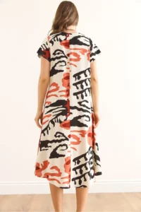 Olalook Women's Patterned Ecru V-Neck Patterned Woven Viscose Midi A-Line Dress - Image 4