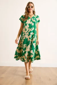 Olalook Women's Green Ecru V-Neck Patterned Woven Viscose Midi A-Line Dress - Image 2
