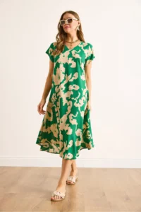 Olalook Women's Green Ecru V-Neck Patterned Woven Viscose Midi A-Line Dress - Image 3
