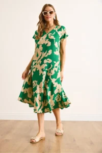 Olalook Women's Green Ecru V-Neck Patterned Woven Viscose Midi A-Line Dress - Image 4