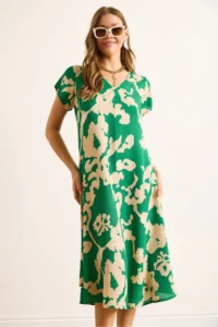 Olalook Women's Green Ecru V-Neck Patterned Woven Viscose Midi A-Line Dress - Image 5