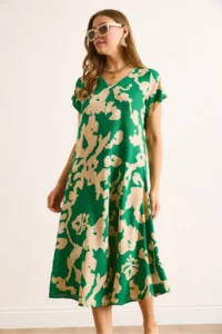 Olalook Women's Green Ecru V-Neck Patterned Woven Viscose Midi A-Line Dress - Image 6