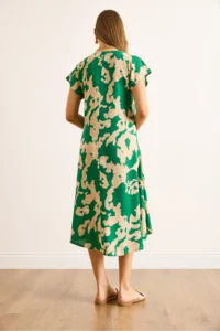 Olalook Women's Green Ecru V-Neck Patterned Woven Viscose Midi A-Line Dress - Image 7