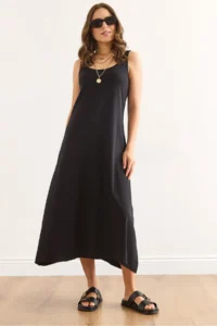 Olalook Women's Black Strap Midi Cotton A-Line Dress