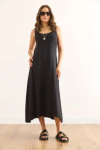 Olalook Women's Black Strap Midi Cotton A-Line Dress - Image 2