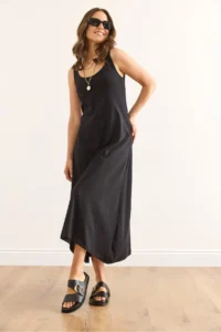 Olalook Women's Black Strap Midi Cotton A-Line Dress - Image 3