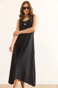 Olalook Women's Black Strap Midi Cotton A-Line Dress - Image 4