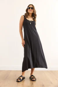Olalook Women's Black Strap Midi Cotton A-Line Dress - Image 5