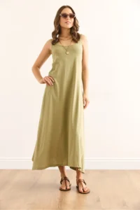 Olalook Women's Khaki Strappy Midi Cotton A-Line Dress - Image 2