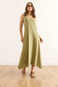 Olalook Women's Khaki Strappy Midi Cotton A-Line Dress - Image 3