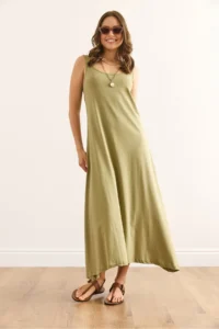 Olalook Women's Khaki Strappy Midi Cotton A-Line Dress - Image 4