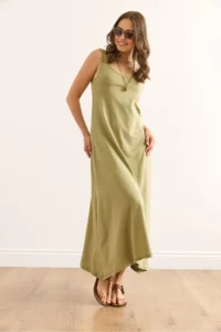 Olalook Women's Khaki Strappy Midi Cotton A-Line Dress - Image 5