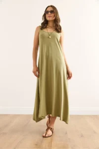 Olalook Women's Khaki Strappy Midi Cotton A-Line Dress - Image 6