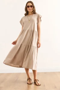 Olalook Women's Stone Sleeve Ruffled Piece Midi Cotton Dress