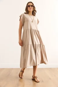 Olalook Women's Stone Sleeve Ruffled Piece Midi Cotton Dress - Image 2