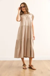 Olalook Women's Stone Sleeve Ruffled Piece Midi Cotton Dress - Image 3