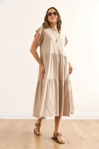 Olalook Women's Stone Sleeve Ruffled Piece Midi Cotton Dress - Image 4