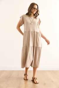 Olalook Women's Stone Sleeve Ruffled Piece Midi Cotton Dress - Image 5