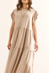 Olalook Women's Stone Sleeve Ruffled Piece Midi Cotton Dress - Image 6