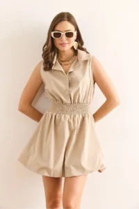 Olalook Women's Stone Shirt Collar Waist Gimped Balloon Skirt Mini Parachute Dress - Image 2