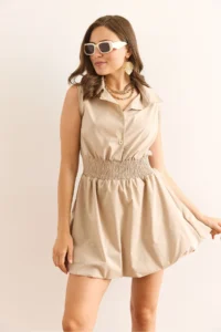 Olalook Women's Stone Shirt Collar Waist Gimped Balloon Skirt Mini Parachute Dress - Image 4
