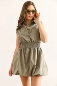 Olalook Women's Khaki Shirt Collar Waist Gimped Balloon Skirt Mini Parachute Dress