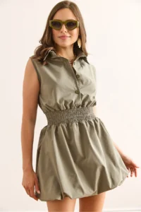 Olalook Women's Khaki Shirt Collar Waist Gimped Balloon Skirt Mini Parachute Dress - Image 2
