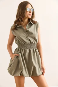 Olalook Women's Khaki Shirt Collar Waist Gimped Balloon Skirt Mini Parachute Dress - Image 3