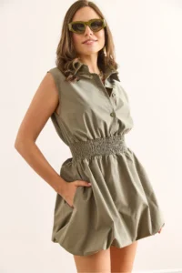 Olalook Women's Khaki Shirt Collar Waist Gimped Balloon Skirt Mini Parachute Dress - Image 4