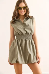 Olalook Women's Khaki Shirt Collar Waist Gimped Balloon Skirt Mini Parachute Dress - Image 5