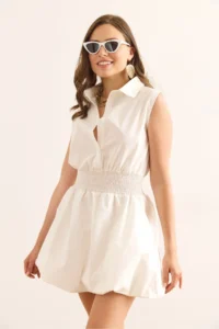 Olalook Women's White Shirt Collar Waist Glitter Balloon Skirt Mini Parachute Dress - Image 2
