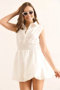 Olalook Women's White Shirt Collar Waist Glitter Balloon Skirt Mini Parachute Dress - Image 3