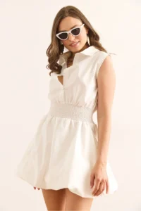 Olalook Women's White Shirt Collar Waist Glitter Balloon Skirt Mini Parachute Dress - Image 4