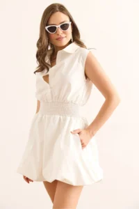 Olalook Women's White Shirt Collar Waist Glitter Balloon Skirt Mini Parachute Dress - Image 5