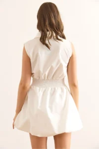 Olalook Women's White Shirt Collar Waist Glitter Balloon Skirt Mini Parachute Dress - Image 7
