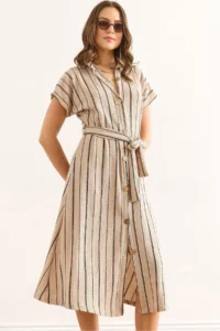 Olalook Women's Stone Belted Striped Midi Shirt Dress