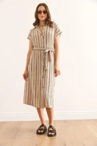 Olalook Women's Stone Belted Striped Midi Shirt Dress - Image 2