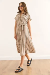 Olalook Women's Stone Belted Striped Midi Shirt Dress - Image 3